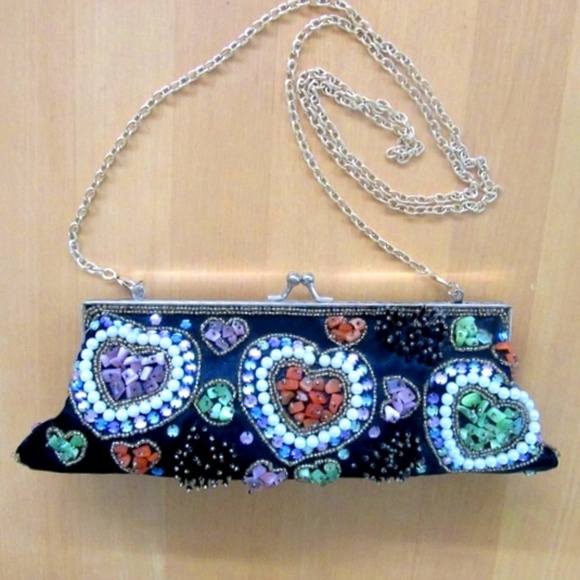 Black satin beaded hearts evening handbag clutch - Picture 1 of 7
